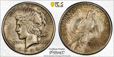 1921 $1 High Relief, Peace MS62