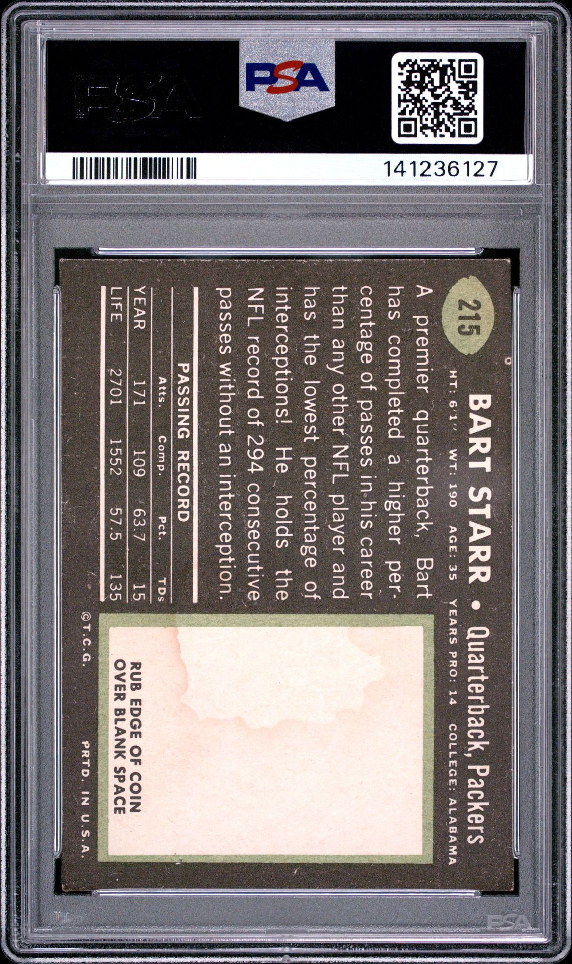 1969 Topps Bart Starr #215 Vg 3 back