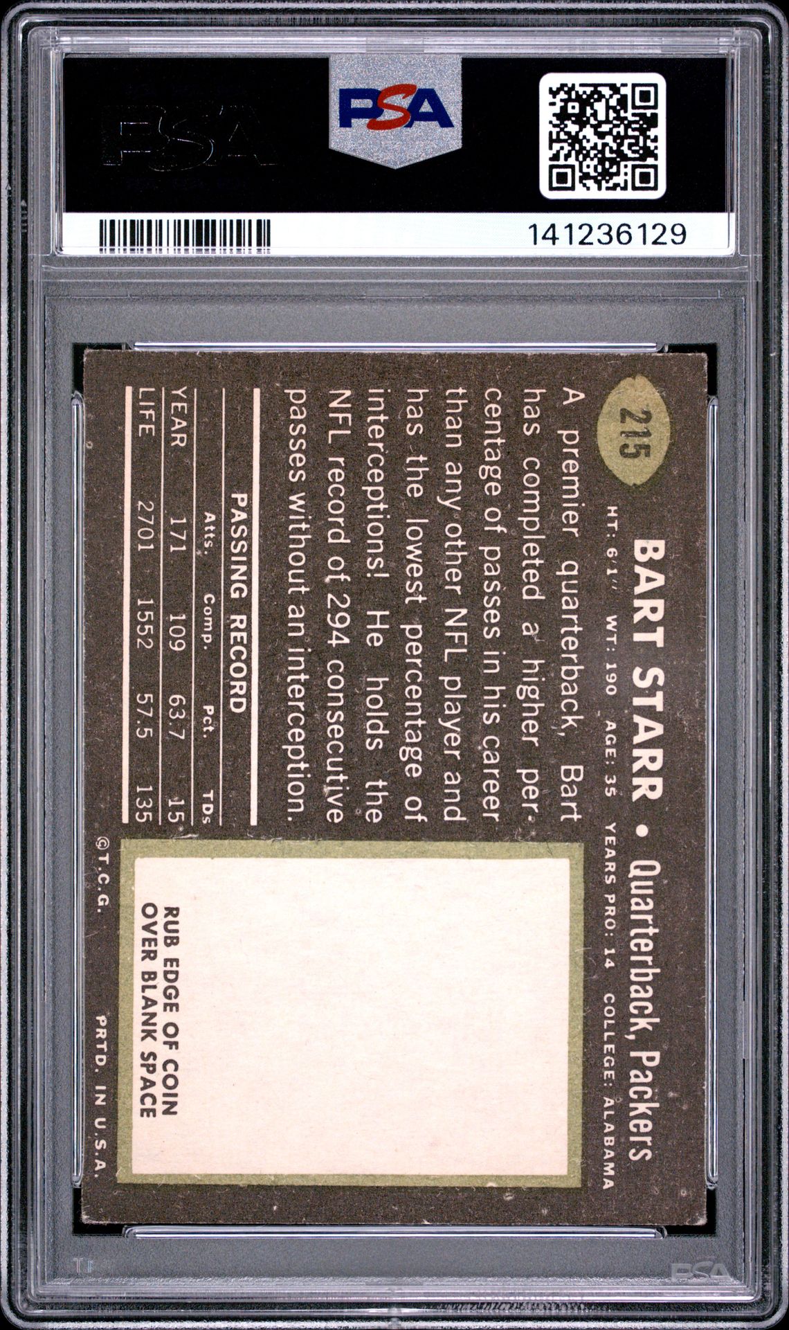 1969 Topps Bart Starr #215 Vg 3 back