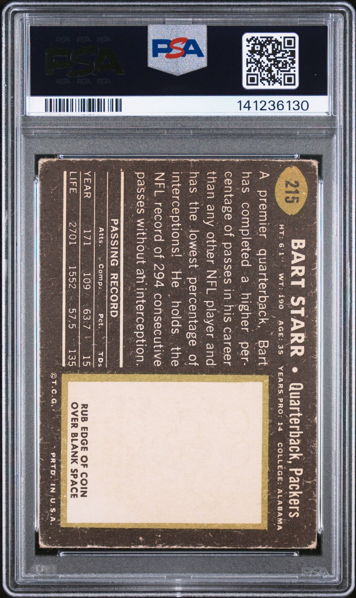 1969 Topps Bart Starr #215 Pr 1 back