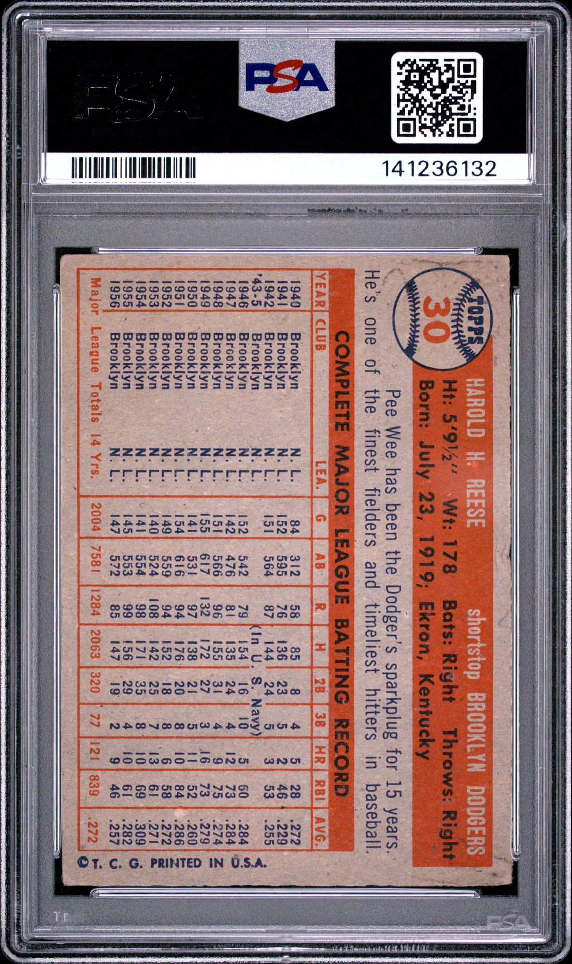 1957 Topps Pee Wee Reese #30 Vg 3 (Mk) back