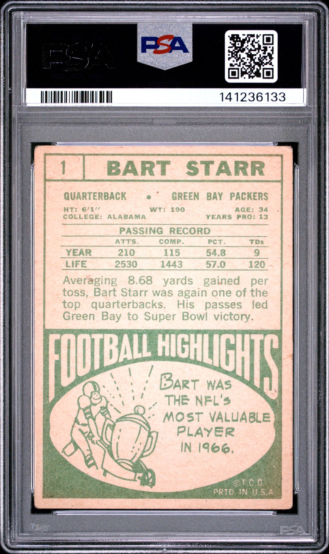 1968 Topps Bart Starr #1 Good+ 2.5 back