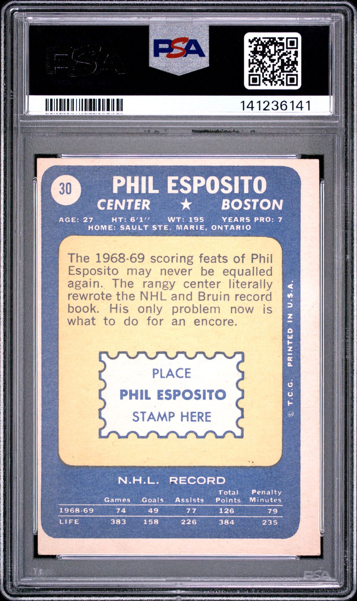 1969 Topps Phil Esposito #30 Vg-Ex 4 back