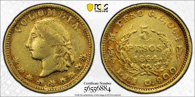 1864 5 Peso Restrepo-328.1 KM-148 XF40