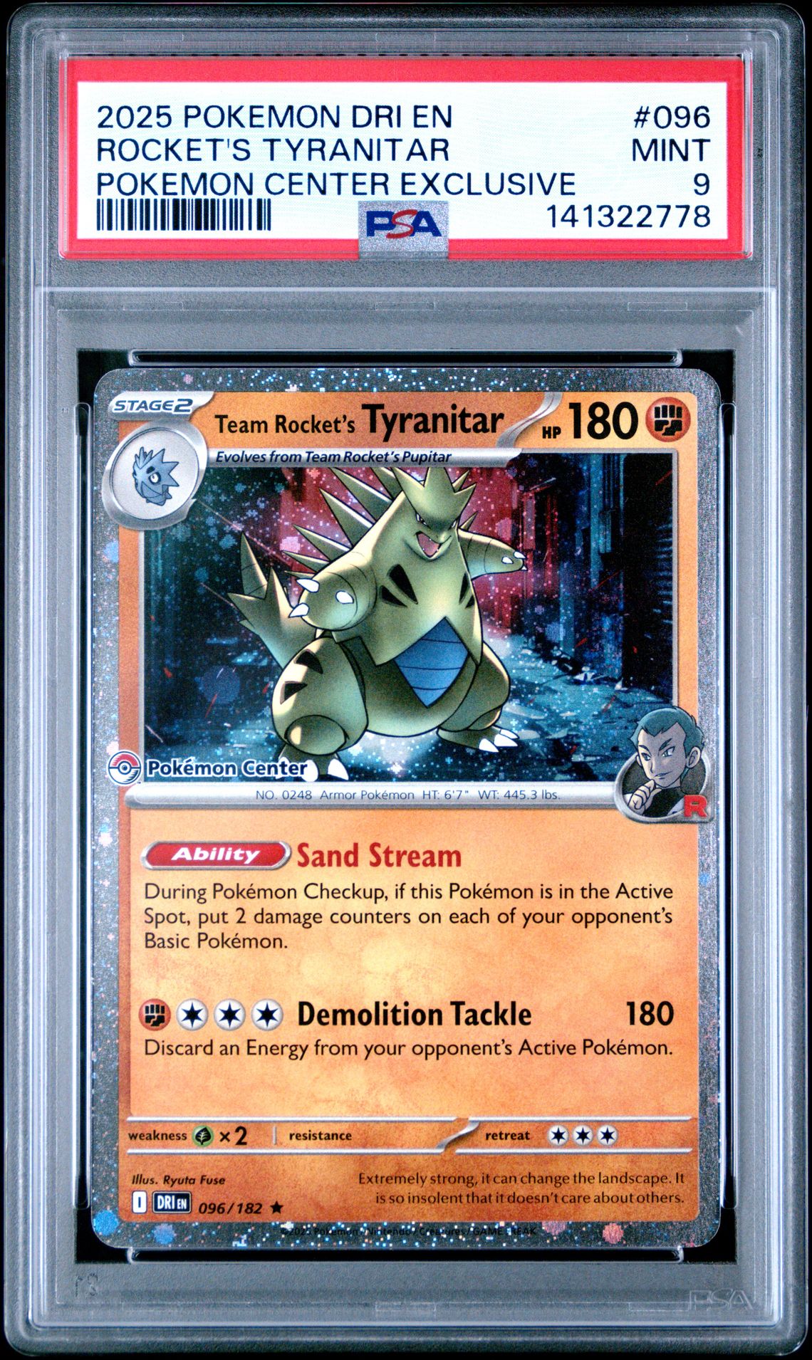 2025 Pokemon Dri En-Destined Rivals Rocket's Tyranitar #096 (Pokemon Center Exclusive) Mint 9 front