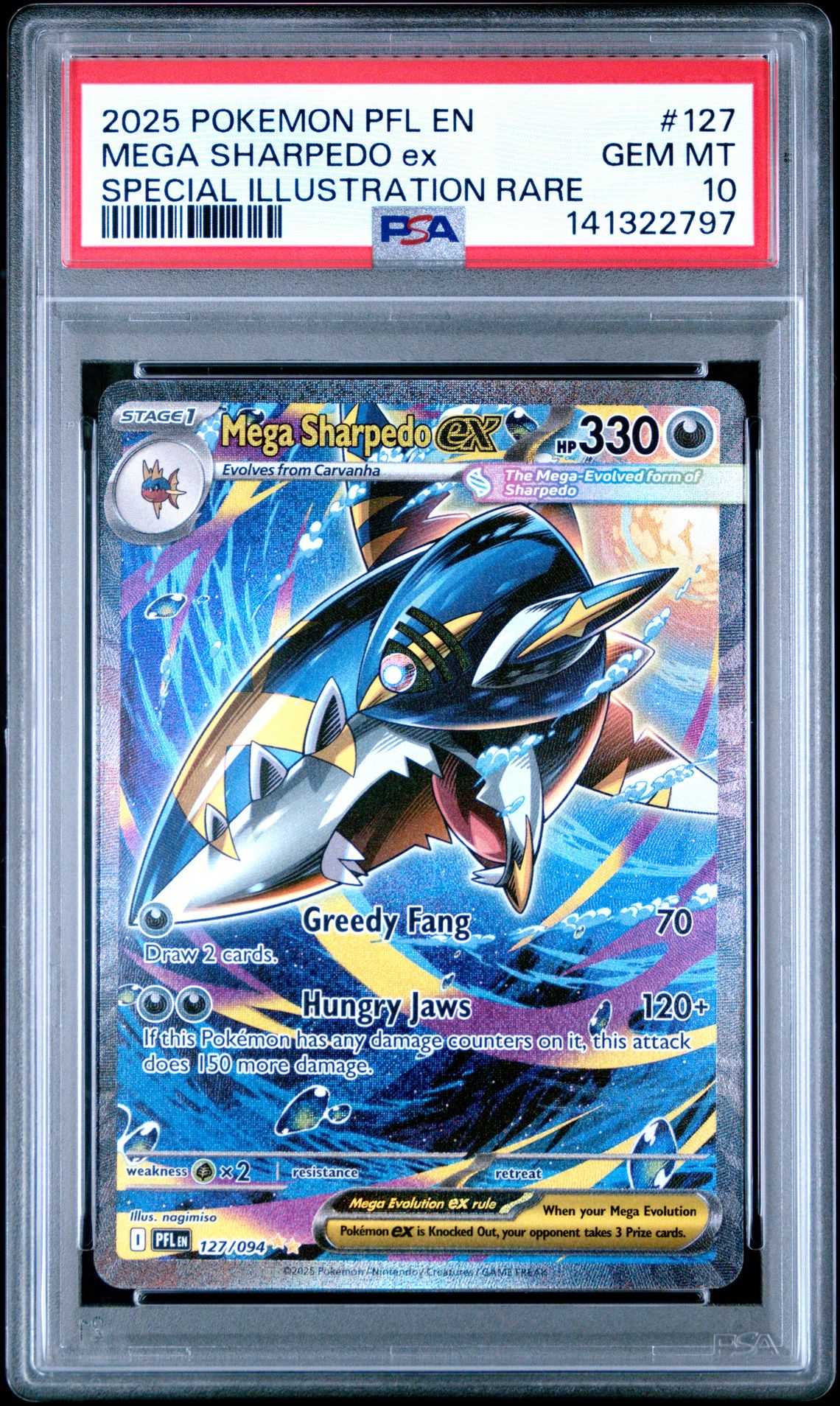 2025 Pokemon Pfl En-Phantasmal Flames Mega Sharpedo Ex #127 (Special Illustration Rare) Gem Mt 10 front