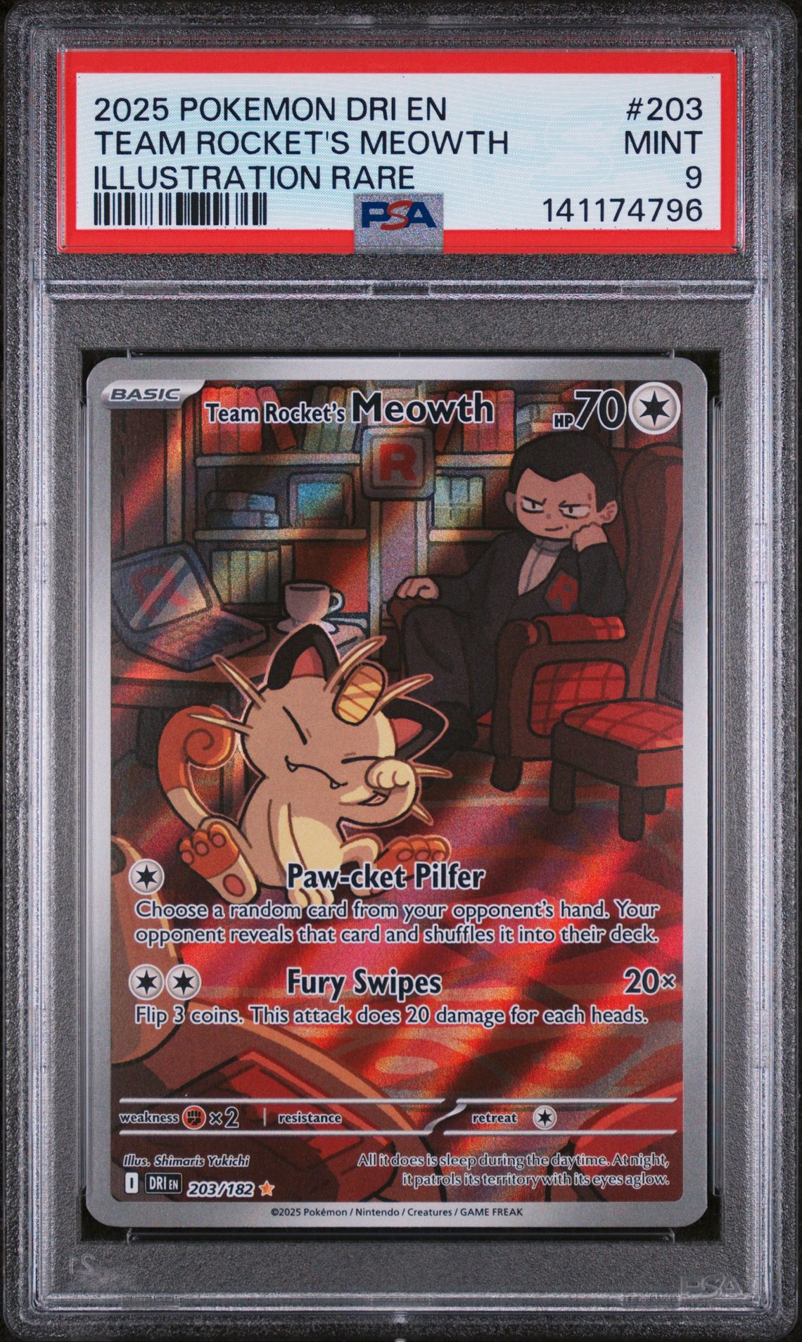 2025 Pokemon Dri En-Destined Rivals Team Rocket's Meowth #203 (Illustration Rare) Mint 9 front