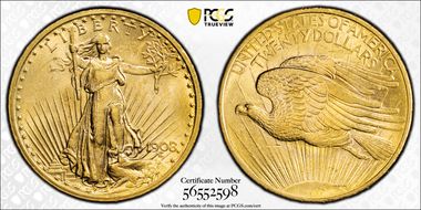 1908 $20 No Motto MS62
