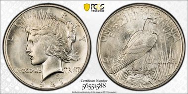 1921 $1 High Relief, Peace MS63