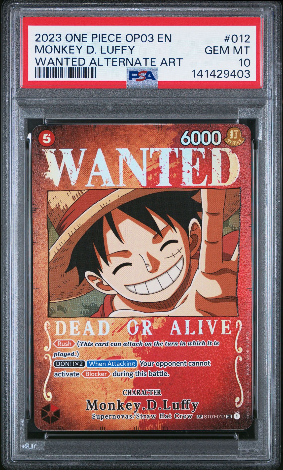 2023 One Piece ONE PIECE OP03-PILLARS OF STRENGTH WANTED ALTERNATE ART #012 Monkey D. Luffy front