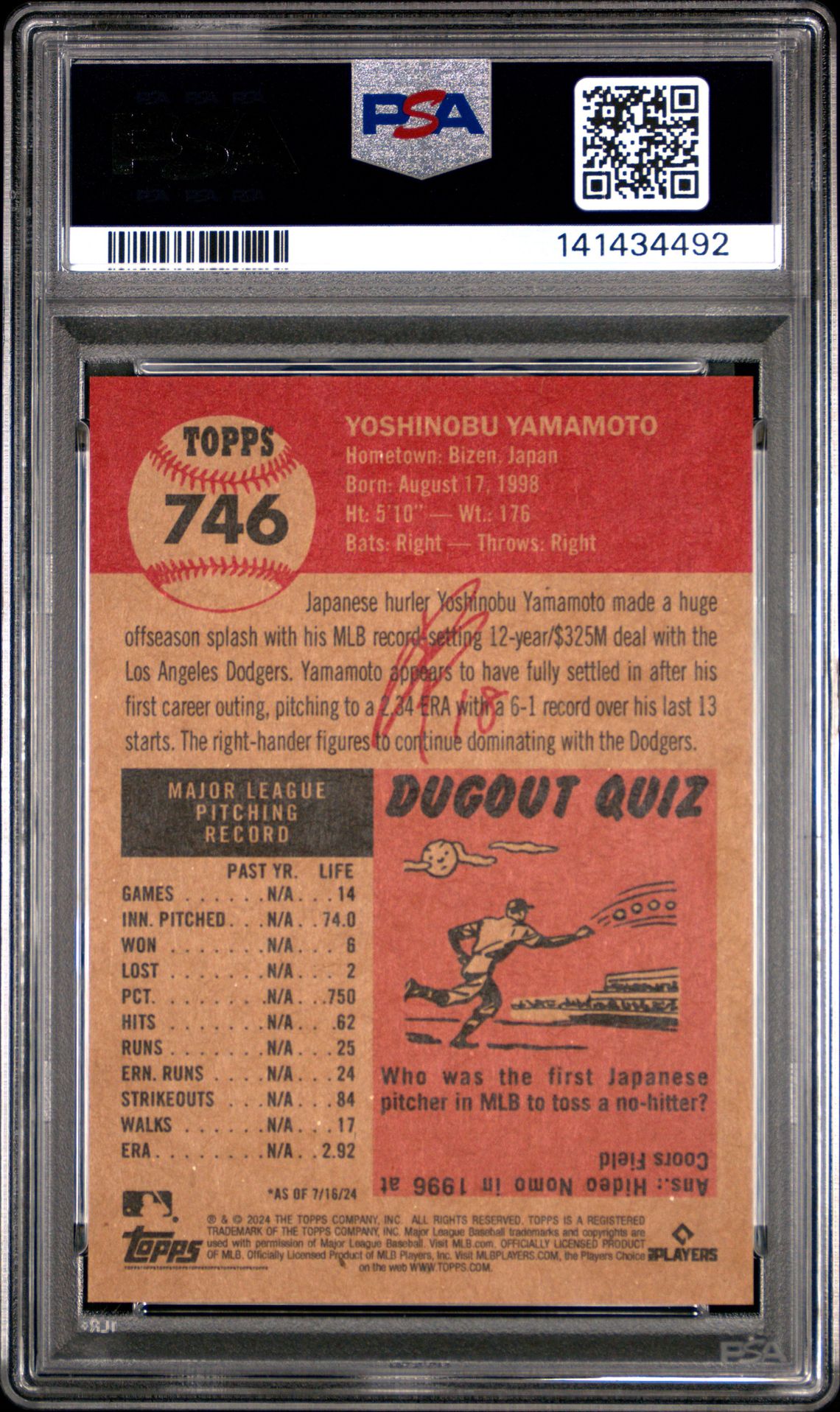2024 Topps Living Yoshinobu Yamamoto #746 Gem Mt 10 back