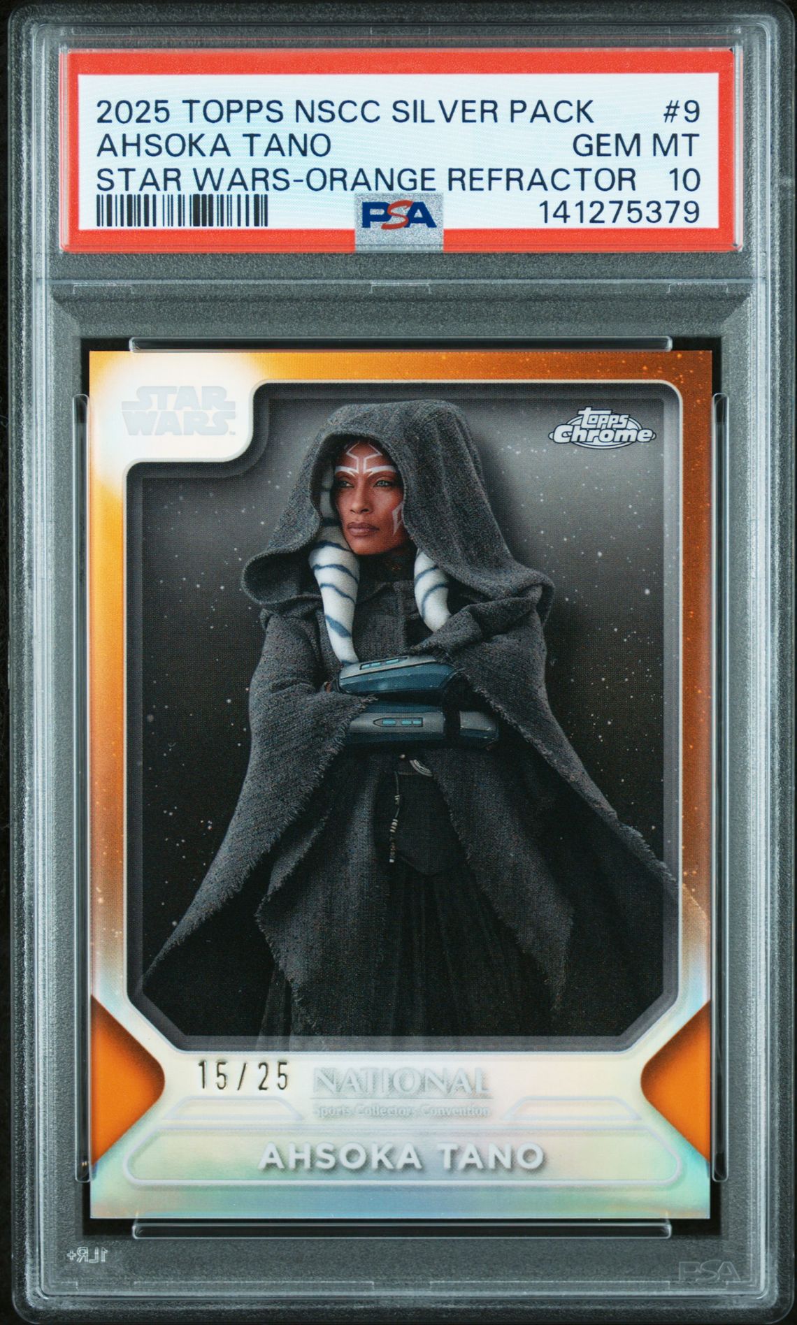2025 TOPPS NATIONAL SPORTS COLLECTORS CONVENTION SILVER PACK STAR WARS ORANGE REFRACTOR #9 Ahsoka Tano front