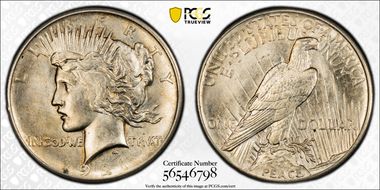 1921 $1 High Relief, Peace MS62