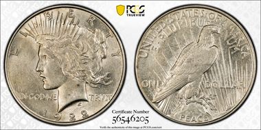 1922 $1 VAM 1A, Line in Tiara AU53