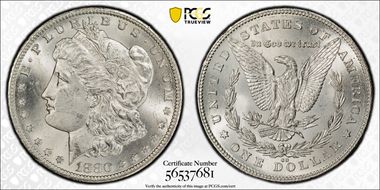 1880-CC $1 VAM 7, 8/7, Rev of 78 MS64