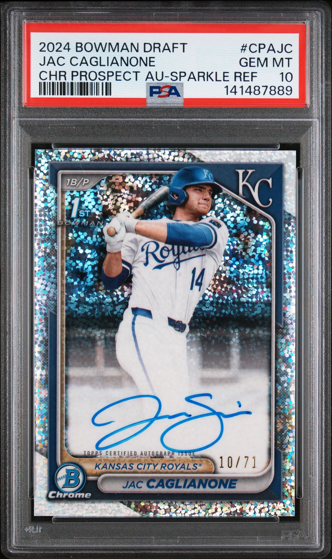 2024 Bowman BOWMAN DRAFT CHROME PROSPECT AUTOGRAPHS CHR PROSPECT AU-SPARKLE REF #CPAJC Jac Caglianone front