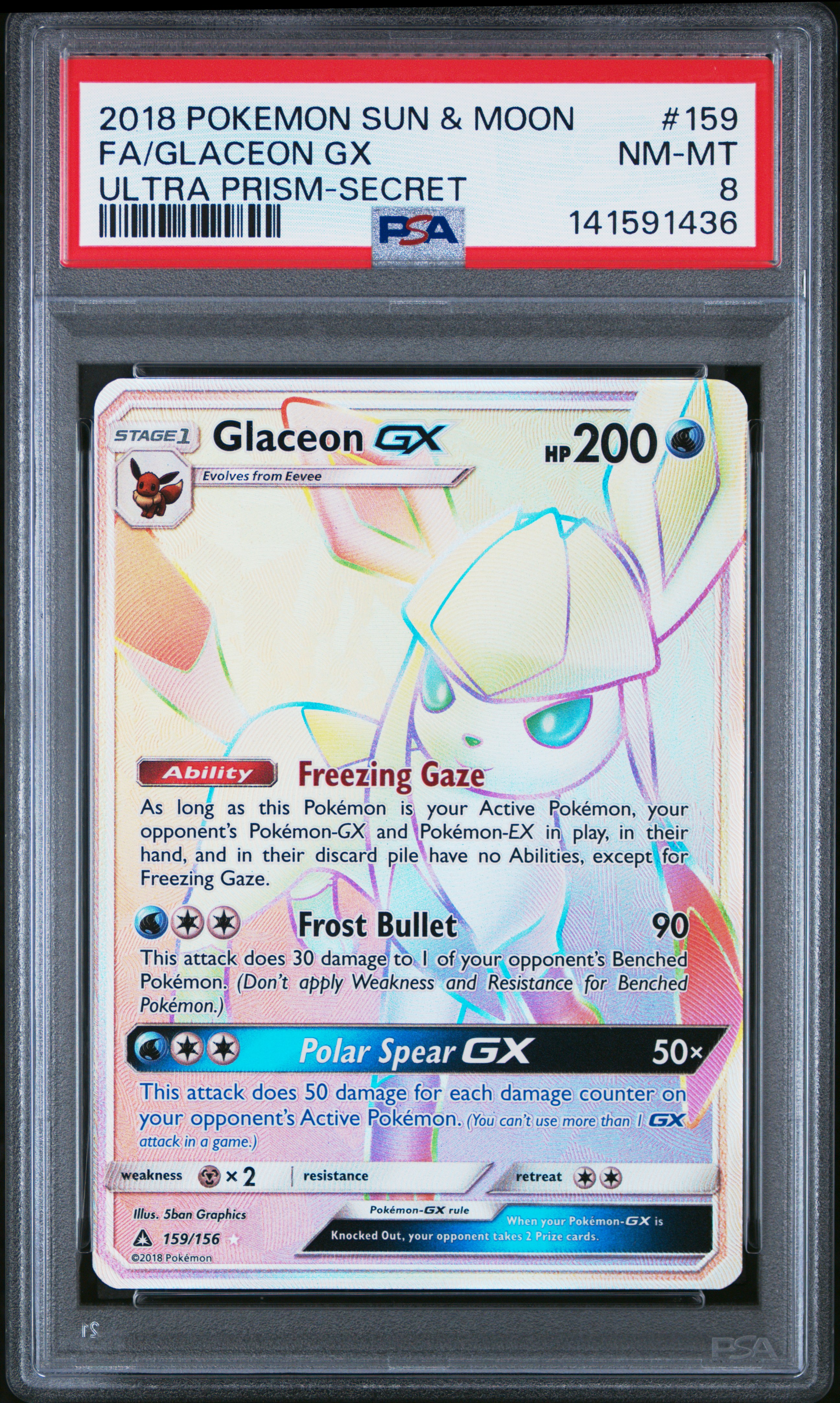 2018 #159 Full Art/Glaceon GX PSA 8 Sun & Moon Ultra Prism Pokemon
