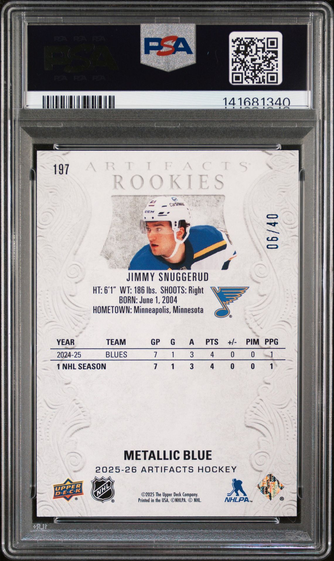 2025 Upper Deck Artifacts Jimmy Snuggerud #197 (Metallic Blue) Mint 9 back