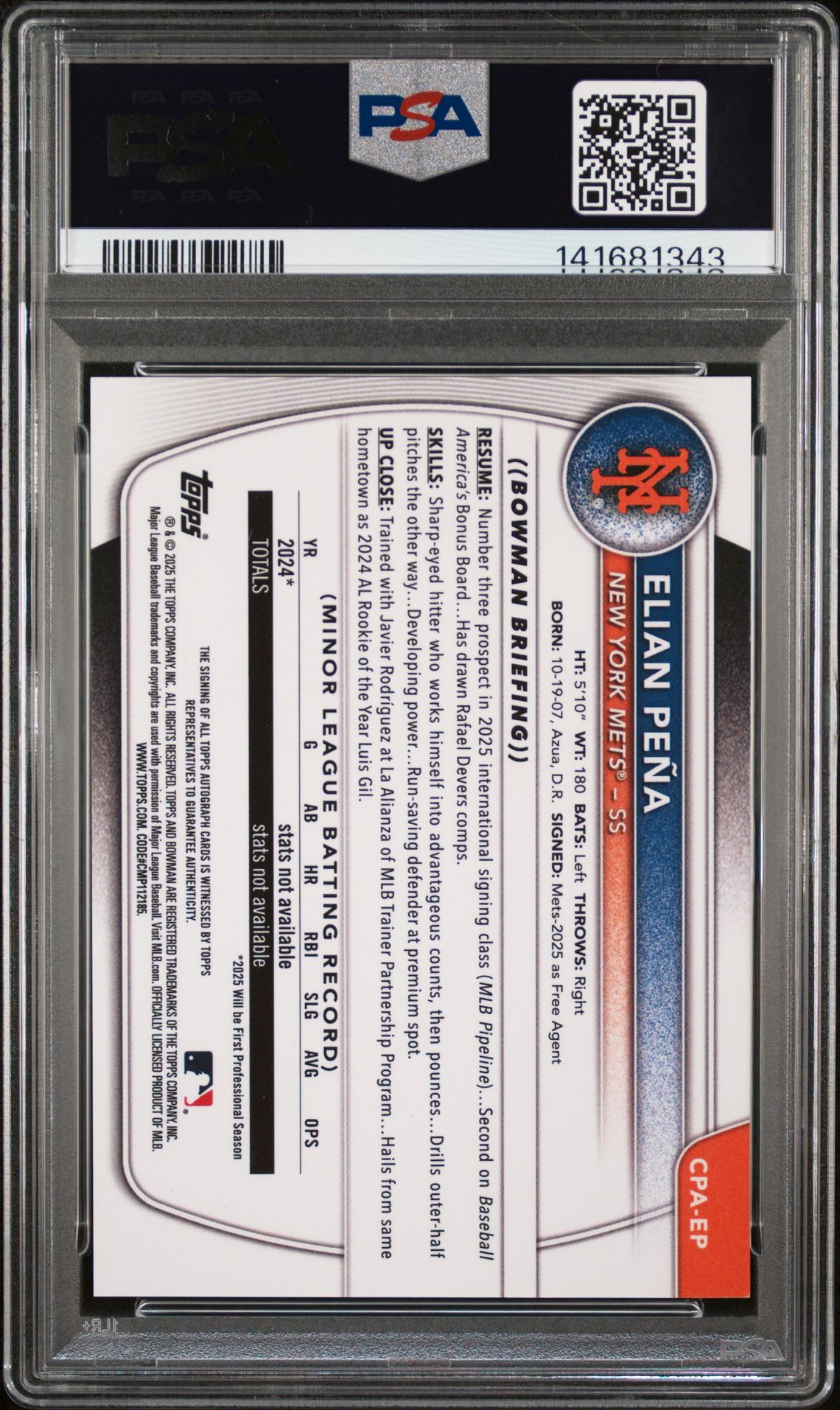 2025 Bowman Chrome Prospect Autographs Elian Pena #Cpaep (Chr Pros Auto-Hta Choice) Nm-Mt 8 back