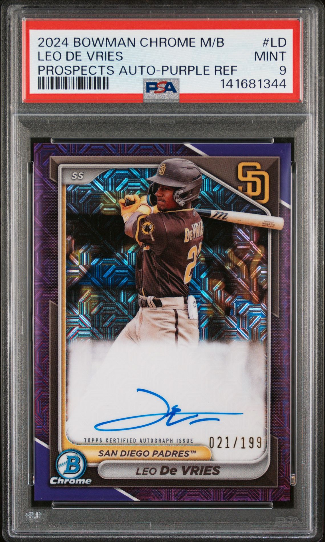 2024 Bowman Mega Box Chrome Bowman Prospect Mega Autographs Leo De Vries #Ld (Prospects Auto-Purple Ref) Mint 9 front