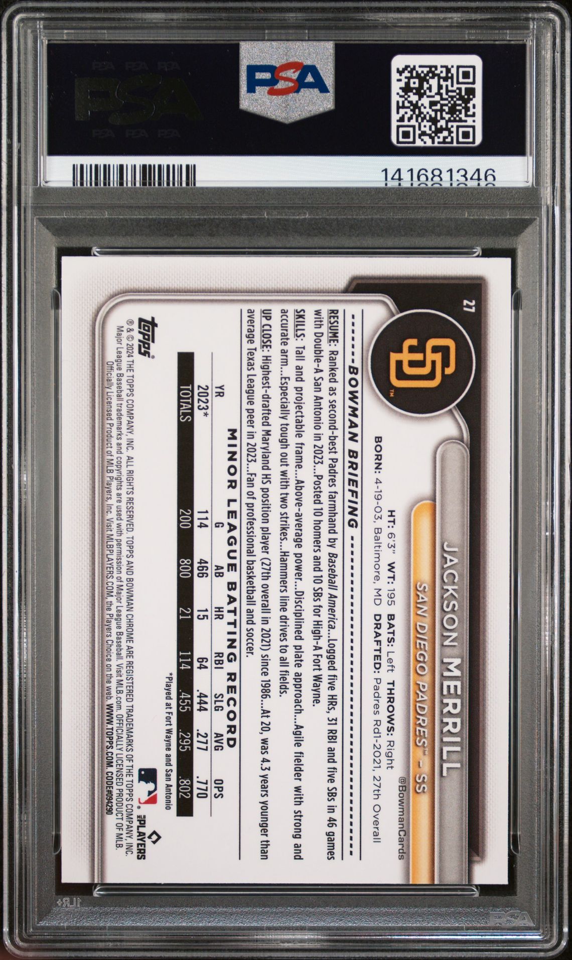 2024 Bowman Chrome Mega Box Jackson Merrill #27 (Gold Refractor) Mint 9 back