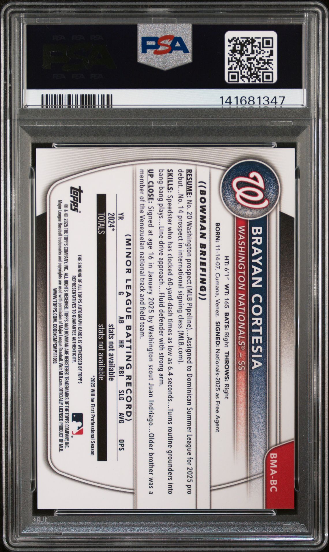 2025 Bowman Chrome Mega Box Chrome Prospects Autographs Brayan Cortesia #Bc (Chrome Pros Au-Orange Ref) Mint 9 back