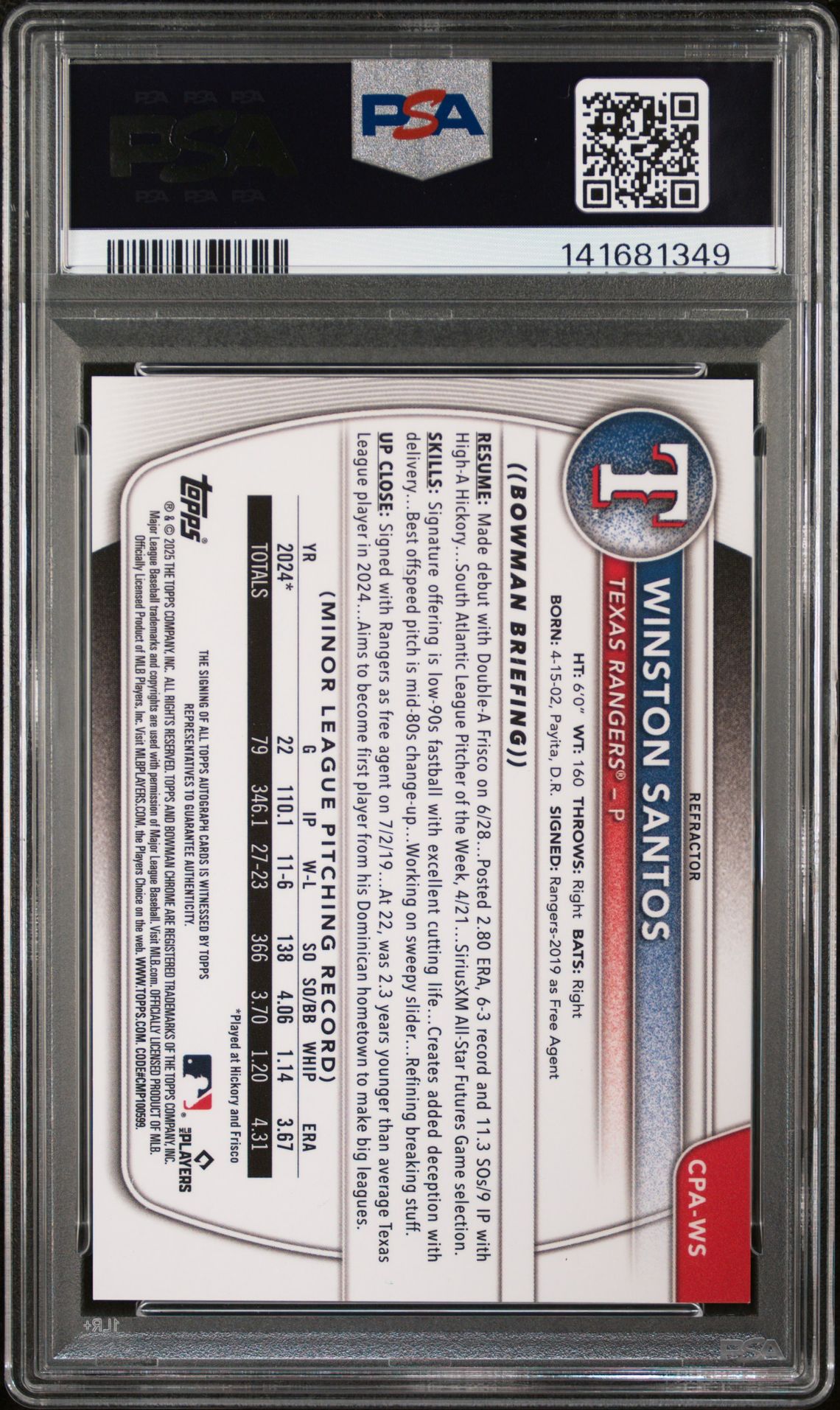 2025 Bowman Chrome Prospect Autographs Winston Santos #Cpaws (Chrome Prospect Auto-Ref) Mint 9 back