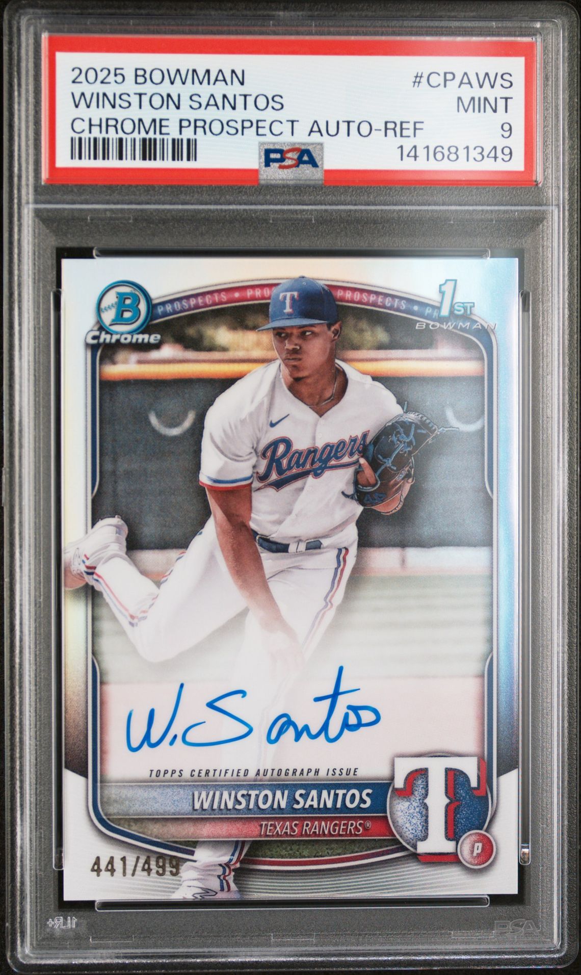 2025 Bowman Chrome Prospect Autographs Winston Santos #Cpaws (Chrome Prospect Auto-Ref) Mint 9 front