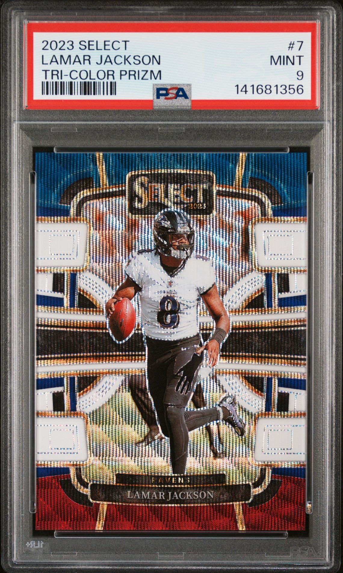 2023 Panini Select Lamar Jackson #7 (Tri-Color Prizm) Mint 9 front