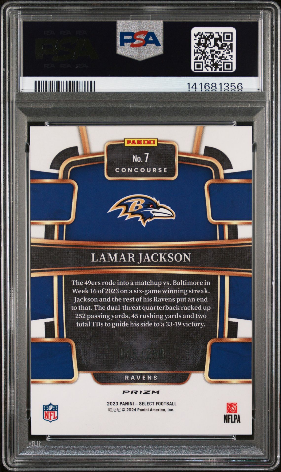 2023 Panini Select Lamar Jackson #7 (Tri-Color Prizm) Mint 9 back