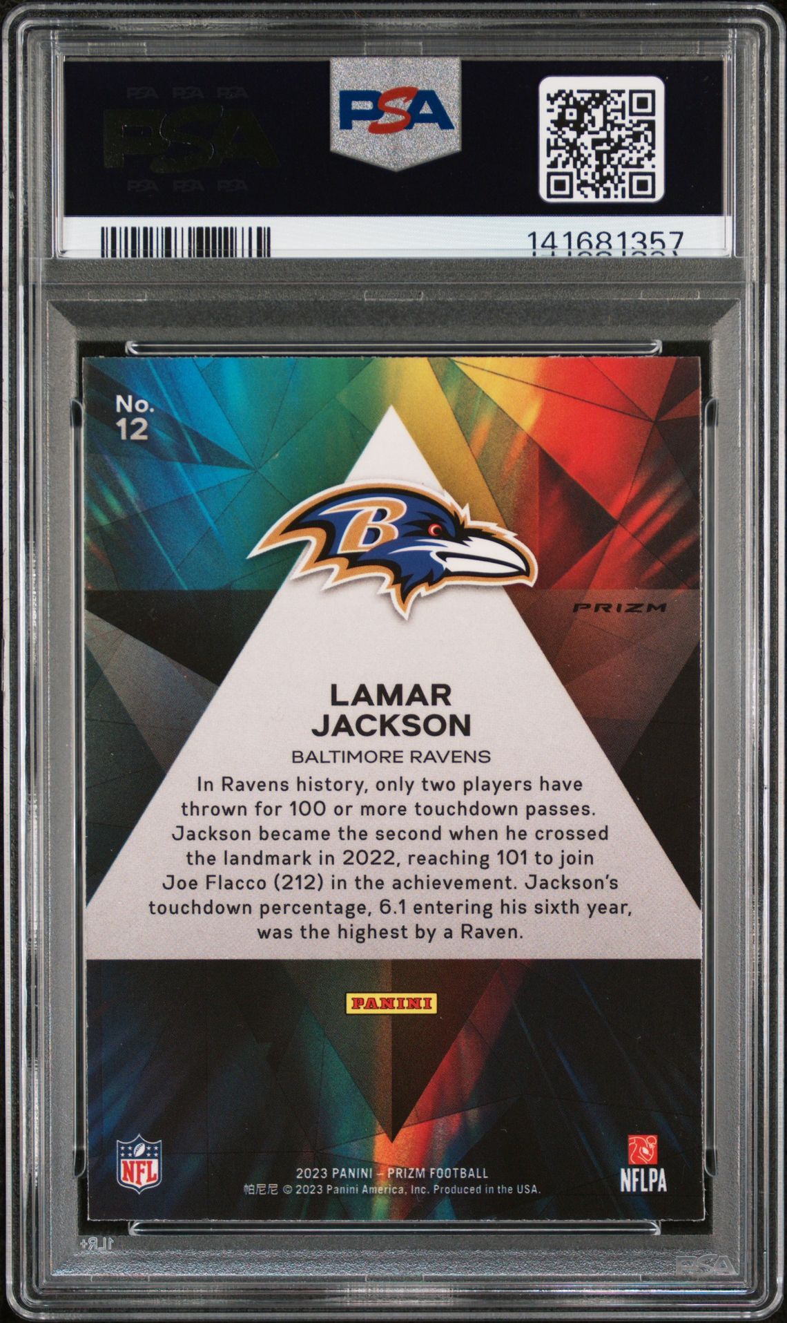 2023 Panini Prizm Prizmatic Lamar Jackson #12 (Prizmatic-No Huddle) Gem Mt 10 back