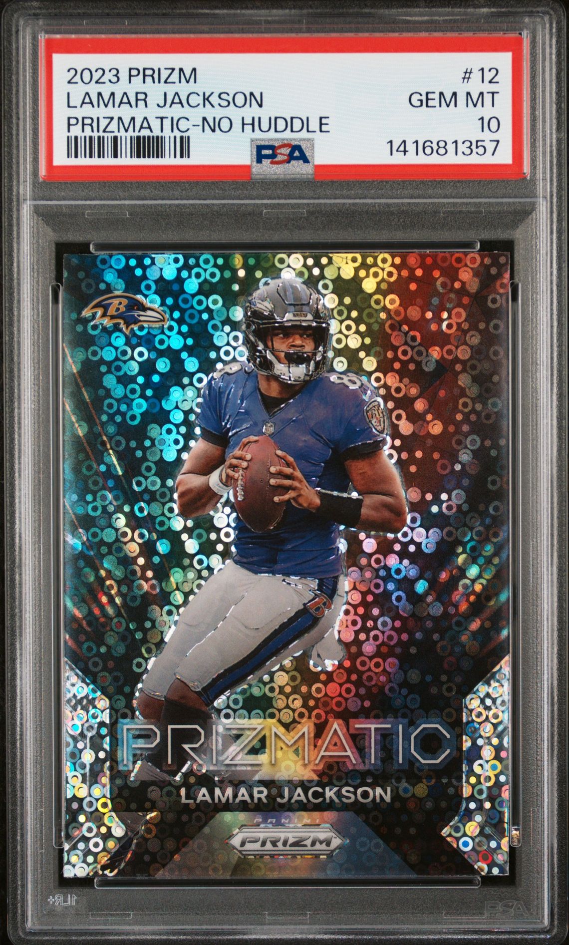 2023 Panini Prizm Prizmatic Lamar Jackson #12 (Prizmatic-No Huddle) Gem Mt 10 front