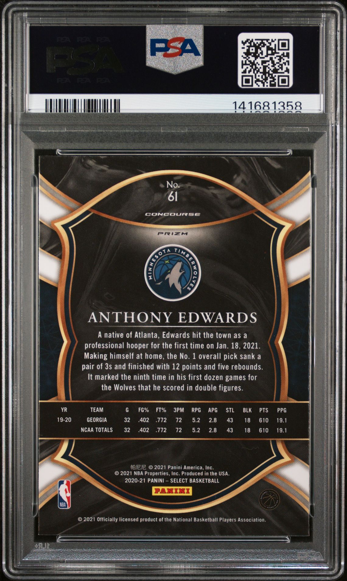 2020 Panini Select Anthony Edwards #61 (Red/White/Orange Shimmer) Mint 9 back