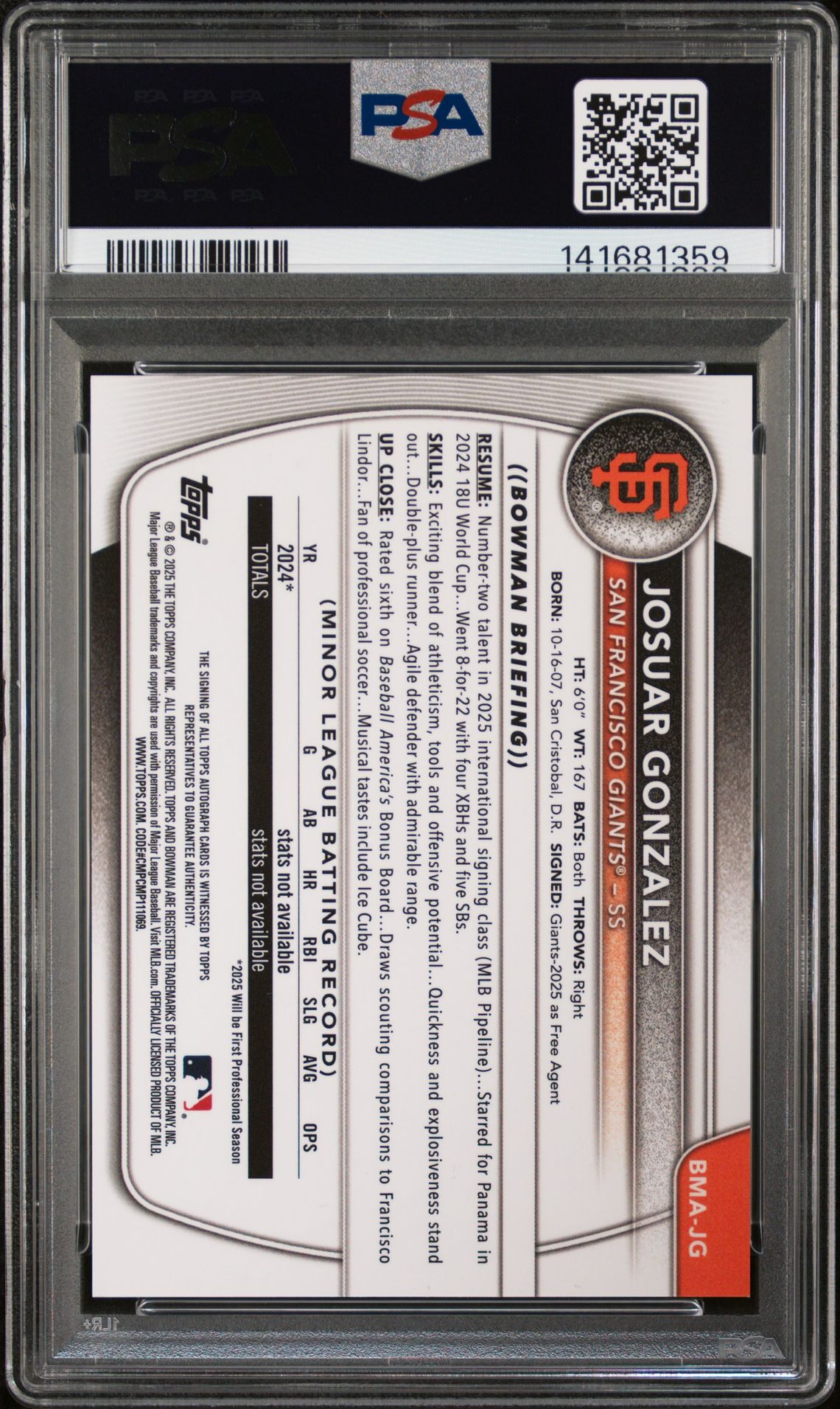 2025 Bowman Chrome Mega Box Chrome Prospects Autographs Josuar Gonzalez #Jg (Chrome Pros Auto-Blue Ref) Gem Mt 10 back