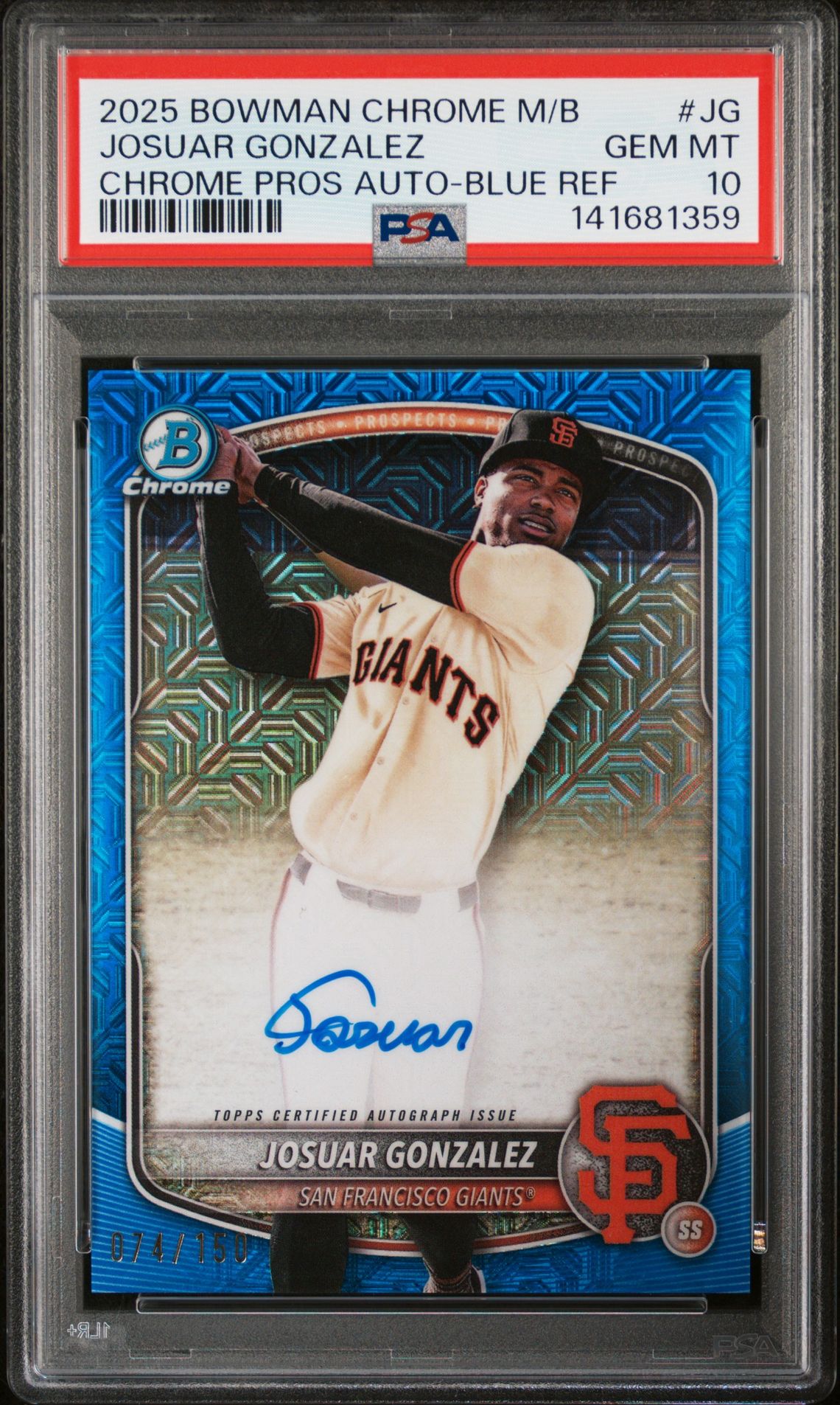 2025 Bowman Chrome Mega Box Chrome Prospects Autographs Josuar Gonzalez #Jg (Chrome Pros Auto-Blue Ref) Gem Mt 10 front