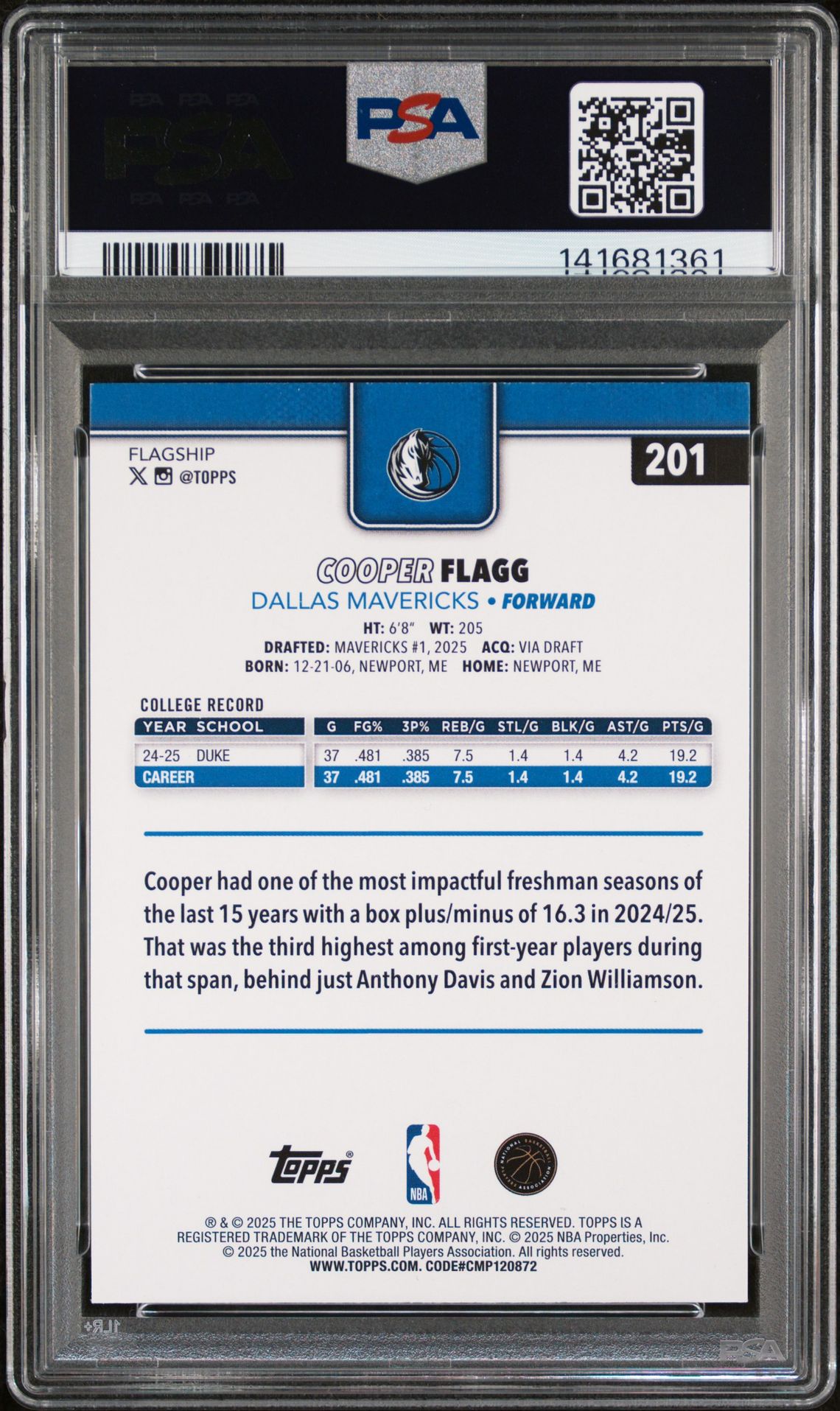 2025 Topps Cooper Flagg #201 Nm-Mt 8 back