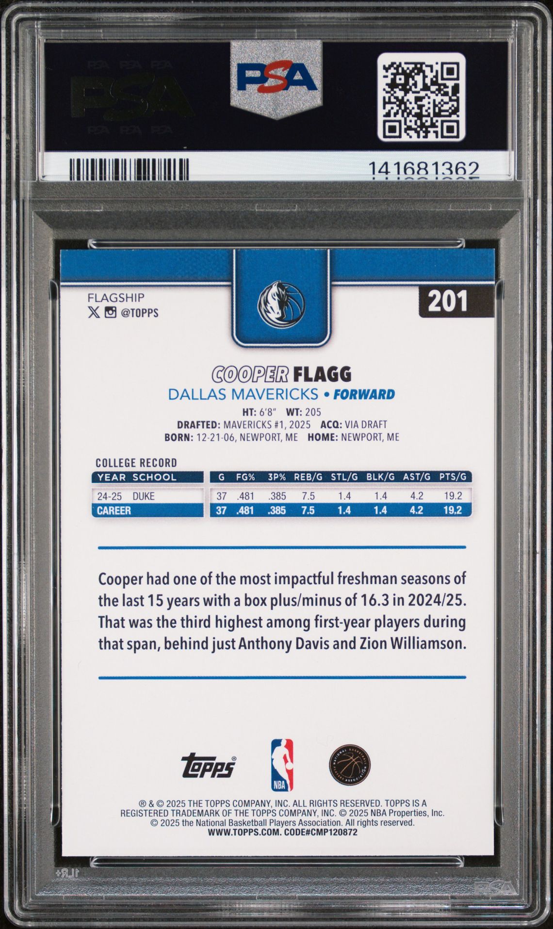 2025 Topps Cooper Flagg #201 Mint 9 back