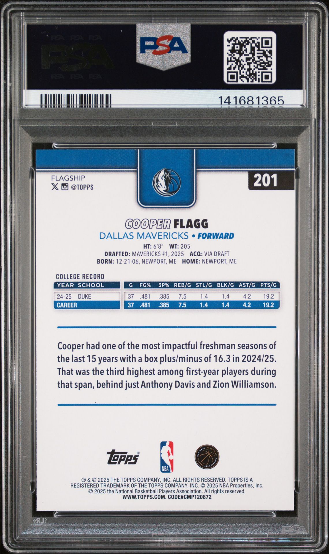 2025 Topps Cooper Flagg #201 Gem Mt 10 back