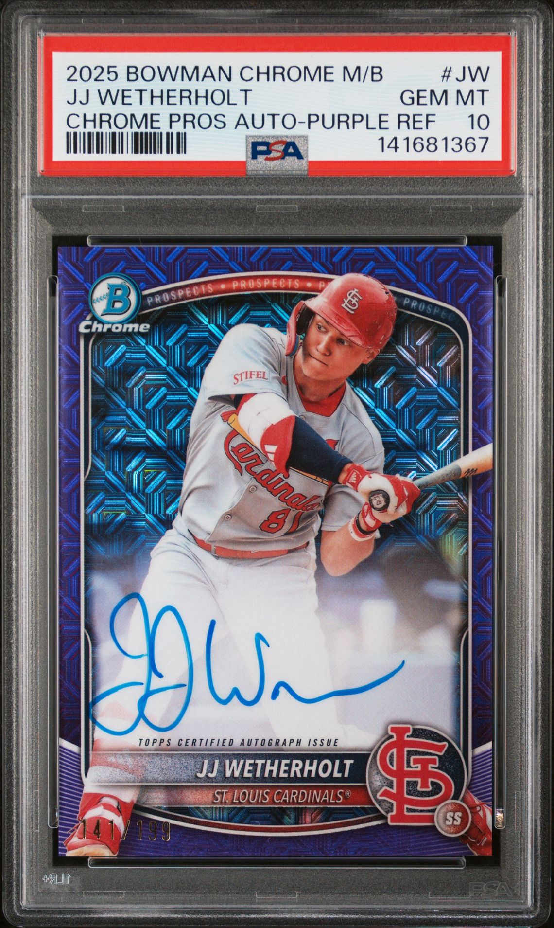 2025 Bowman Chrome Mega Box Chrome Prospects Autographs Jj Wetherholt #Jw (Chrome Pros Auto-Purple Ref) Gem Mt 10 front