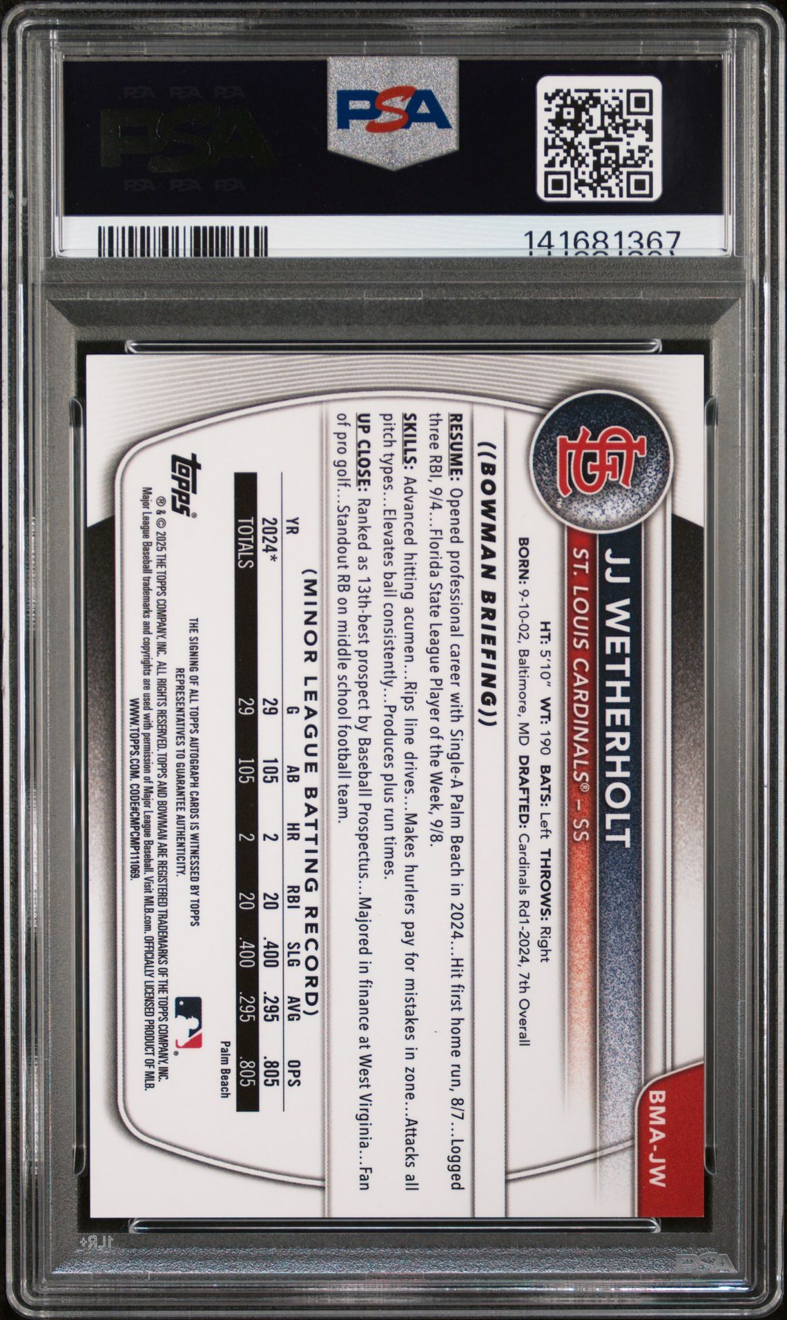 2025 Bowman Chrome Mega Box Chrome Prospects Autographs Jj Wetherholt #Jw (Chrome Pros Auto-Purple Ref) Gem Mt 10 back