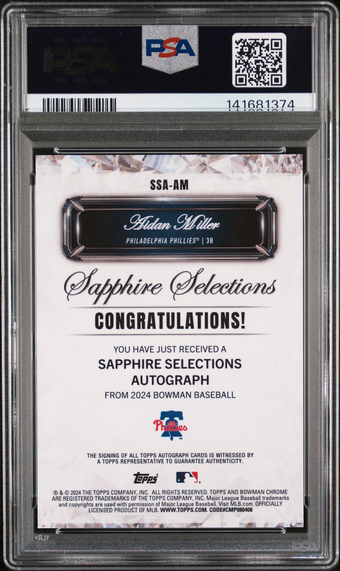 2024 Bowman Sapphire Edition Sapphire Selections Autographs Aidan Miller #Am Mint 9 back