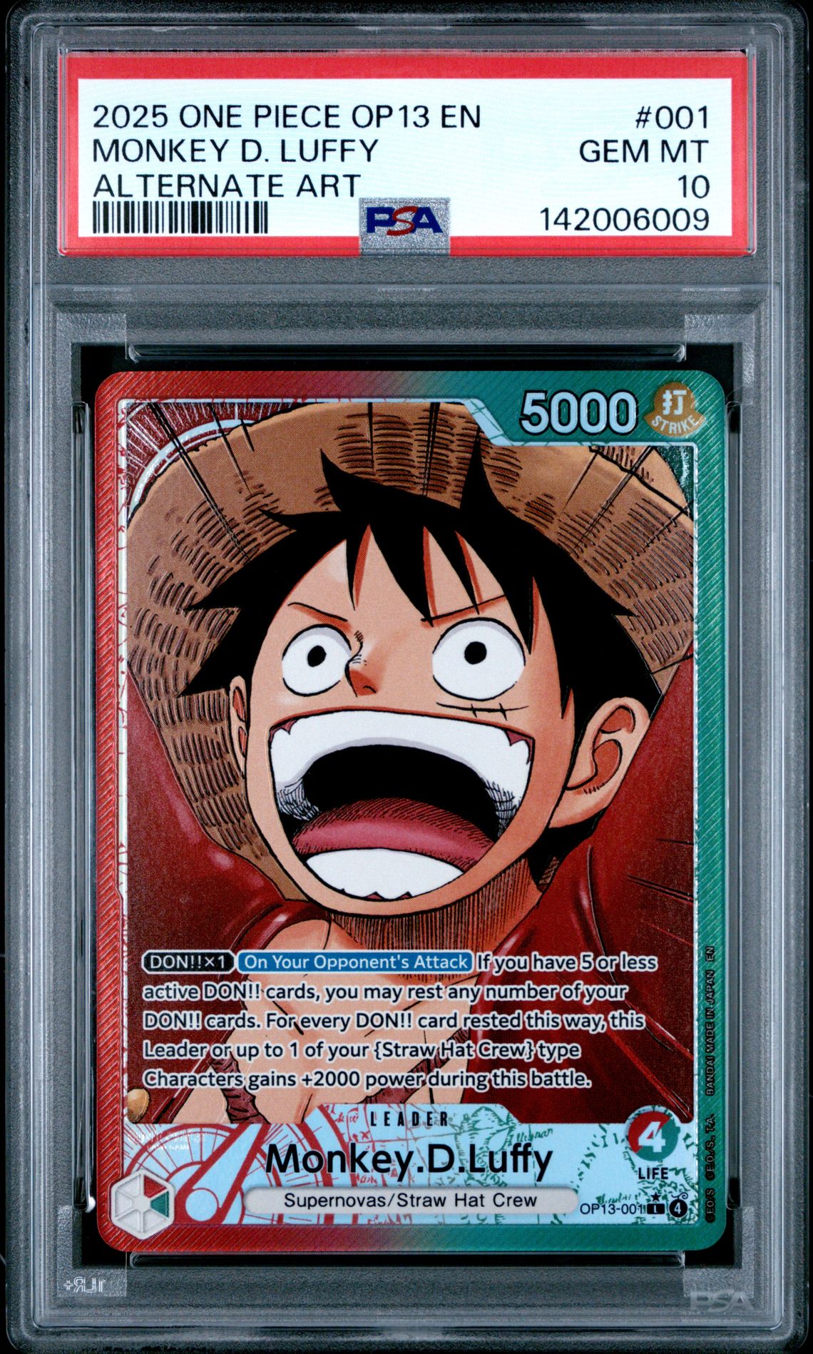 2025 One Piece Op13-Carrying On His Will Monkey D. Luffy #001 (Alternate Art) Gem Mt 10 front