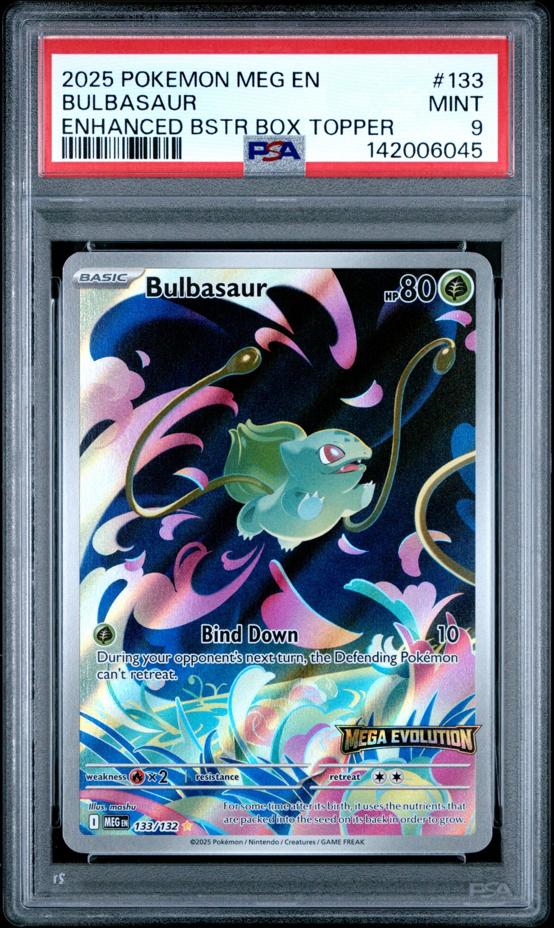 2025 Pokemon Meg En-Mega Evolution Bulbasaur #133 (Enhanced Bstr Box Topper) Mint 9 front