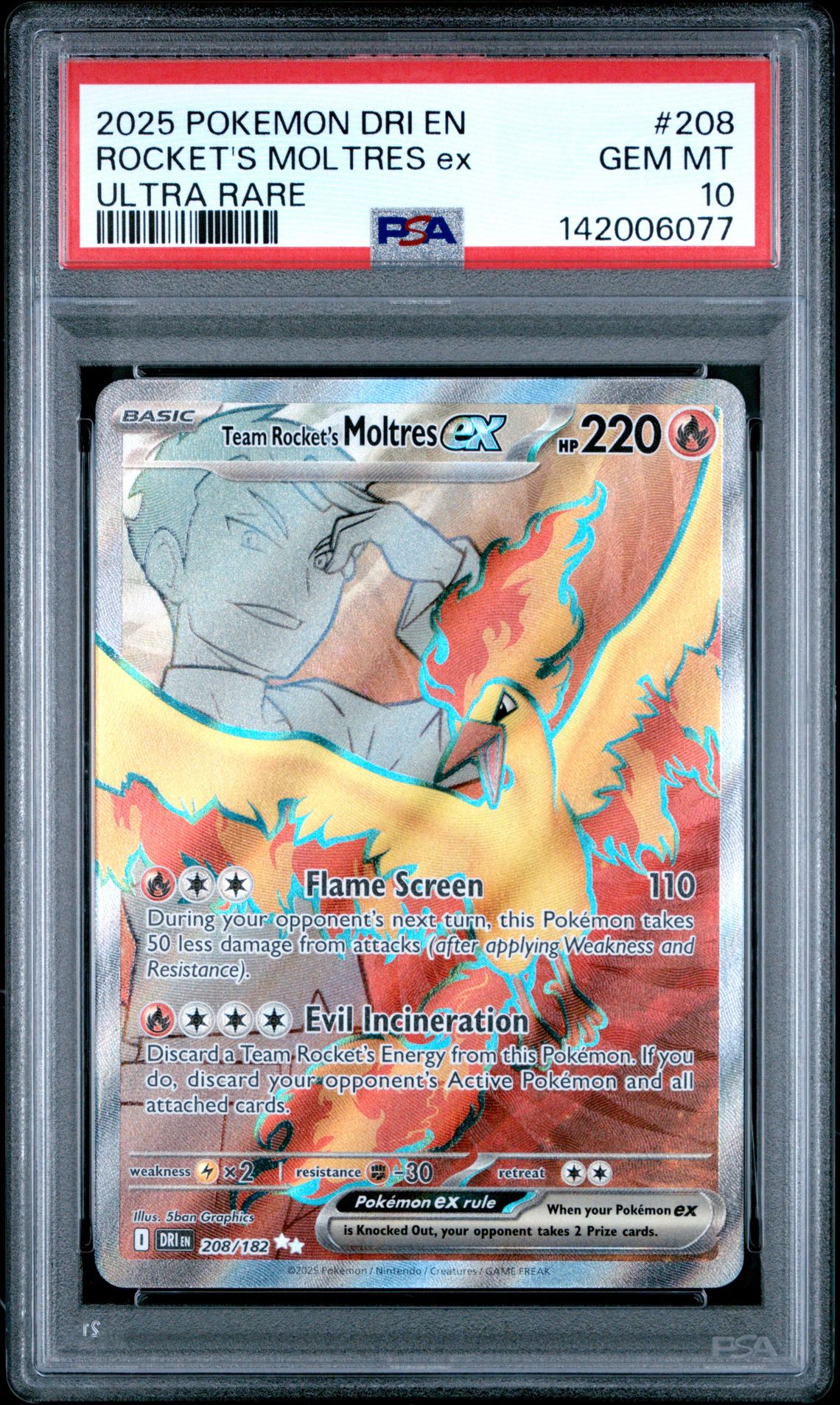 2025 Pokemon Dri En-Destined Rivals Rocket's Moltres Ex #208 (Ultra Rare) Gem Mt 10 front