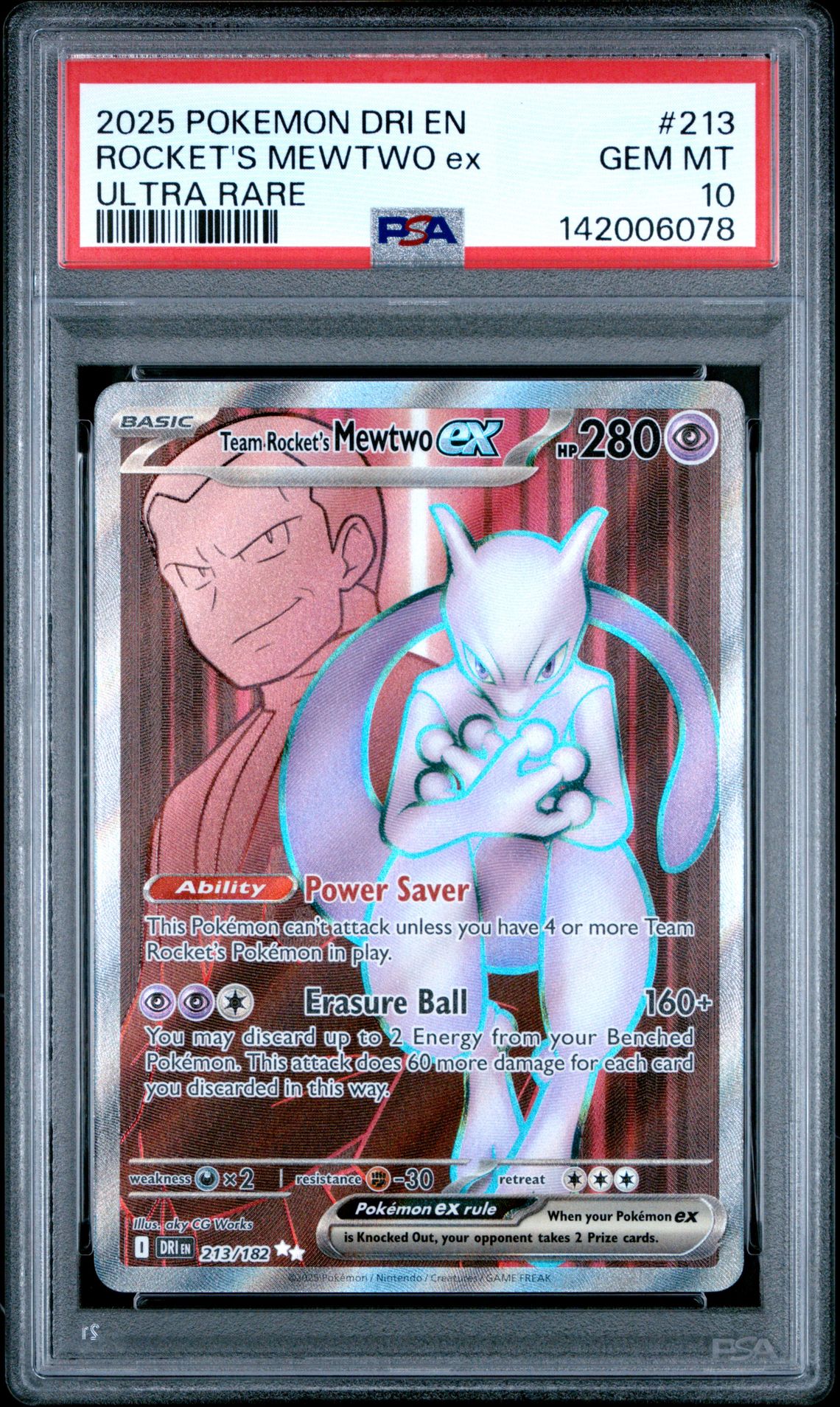 2025 Pokemon Dri En-Destined Rivals Rocket's Mewtwo Ex #213 (Ultra Rare) Gem Mt 10 front