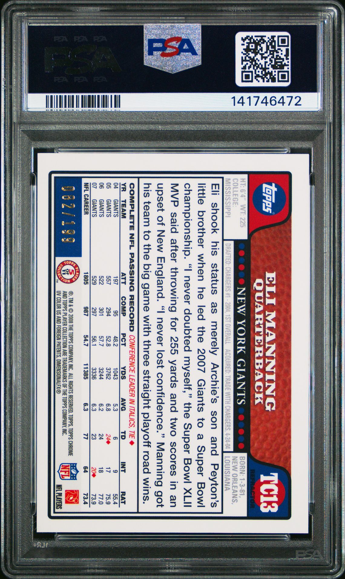 2008 Topps Chrome Eli Manning #Tc13 (Gold Refractor) Mint 9 back