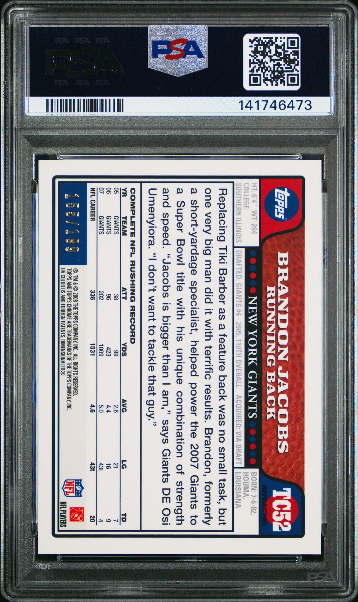 2008 Topps Chrome Brandon Jacobs #Tc52 (Gold Refractor) Mint 9 back