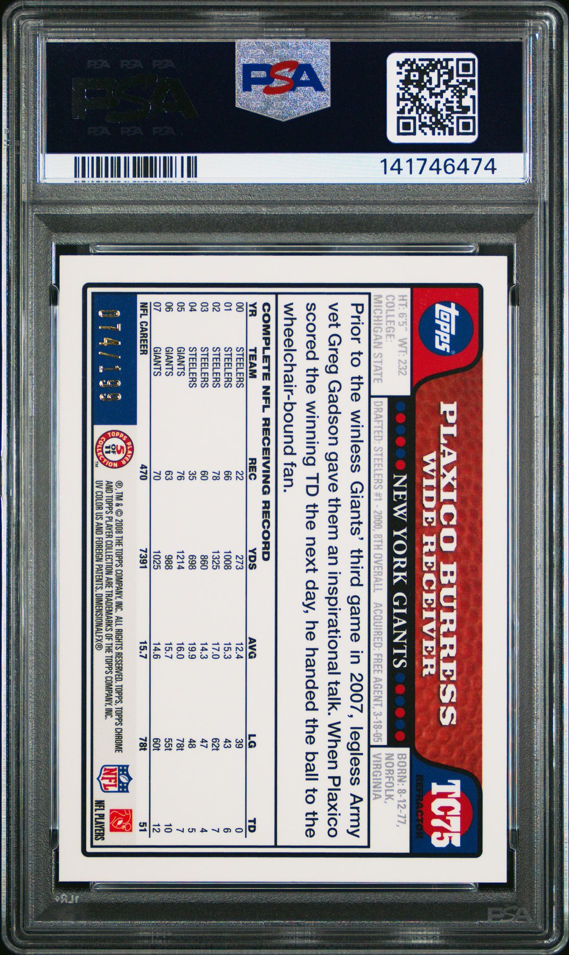 2008 Topps Chrome Plaxico Burress #Tc75 (Gold Refractor) Mint 9 back