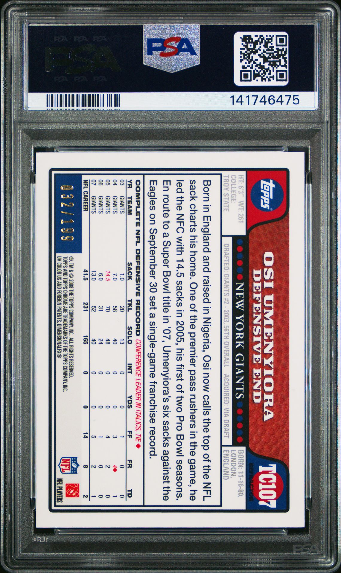 2008 Topps Chrome Osi Umenyiora #Tc107 (Gold Refractor) Nm-Mt 8 back