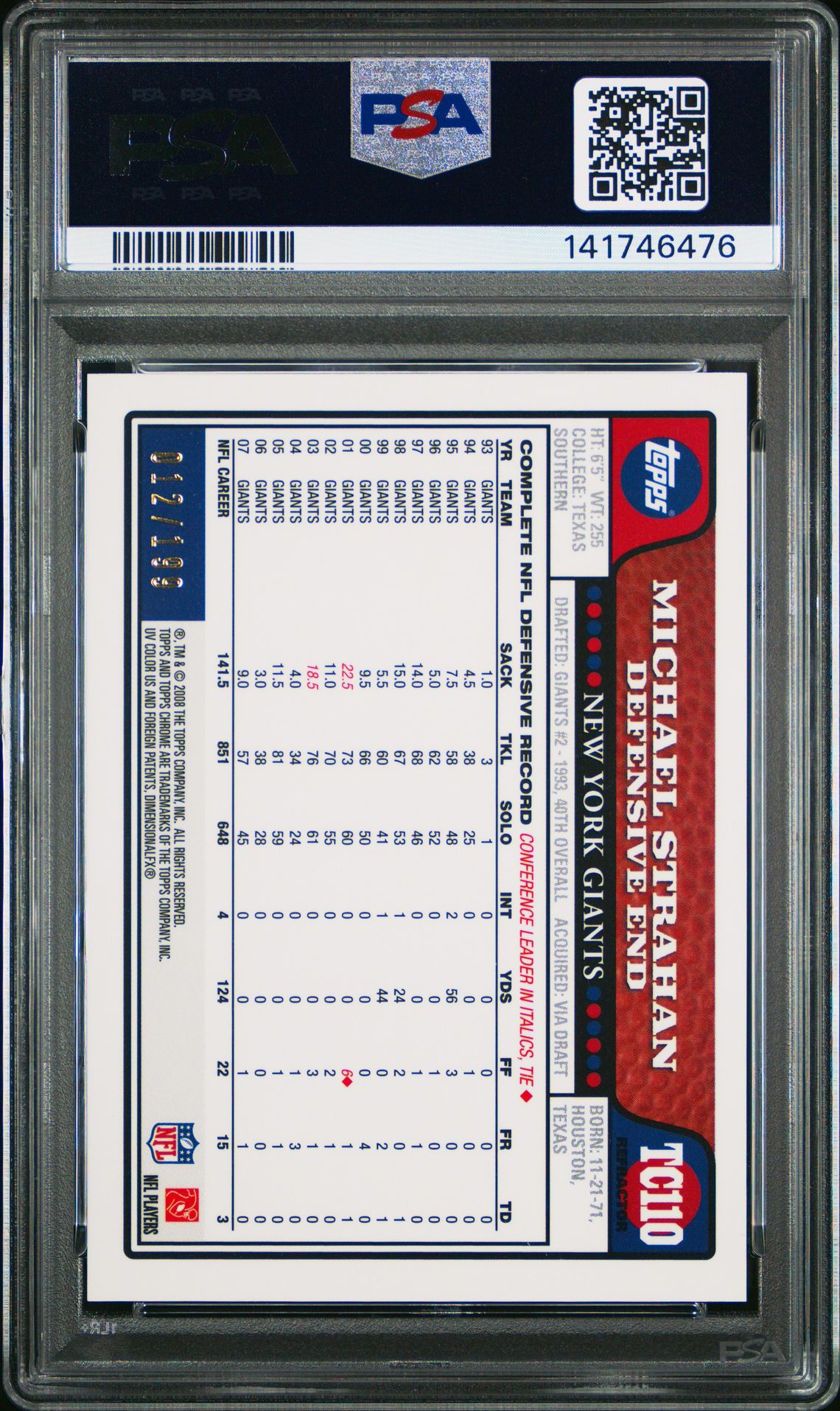 2008 Topps Chrome Michael Strahan #Tc110 (Gold Refractor) Gem Mt 10 back